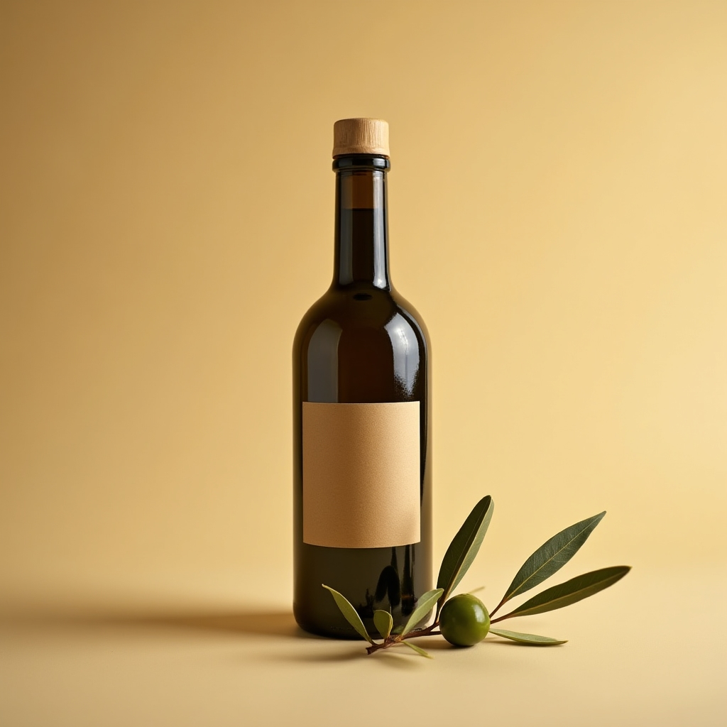 Botella de aceite de oliva fotografiada con luz suave