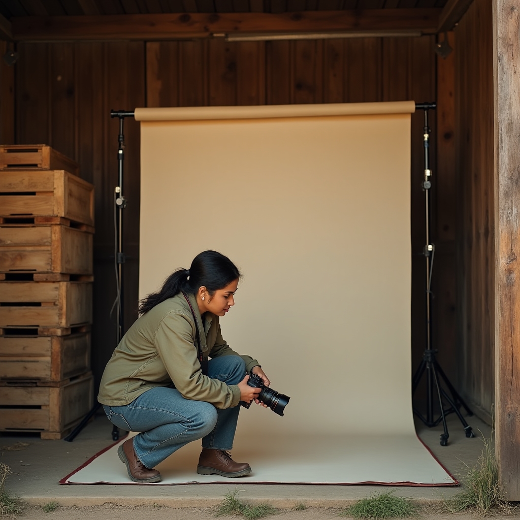 Fotógrafo preparando equipo portátil en una finca antes de una sesión