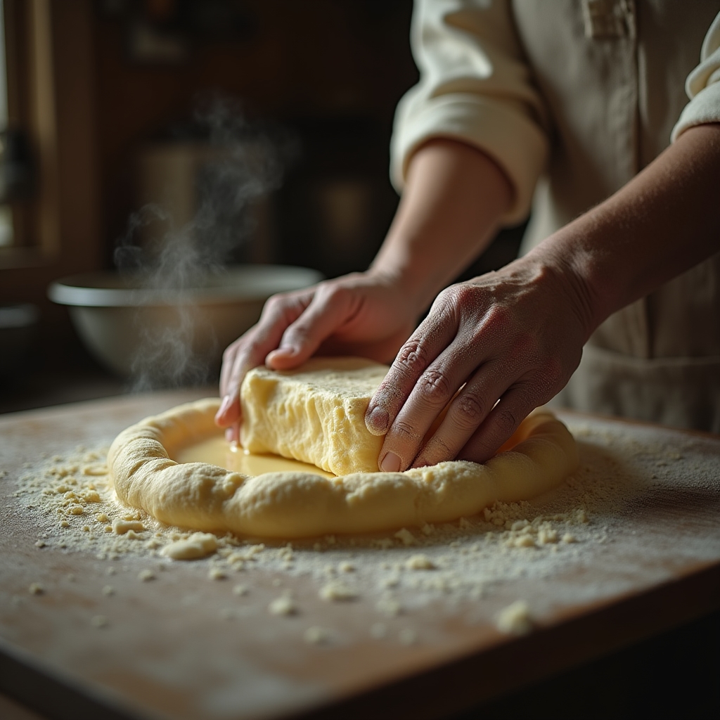 Manos de quesero artesanal trabajando una horma de queso